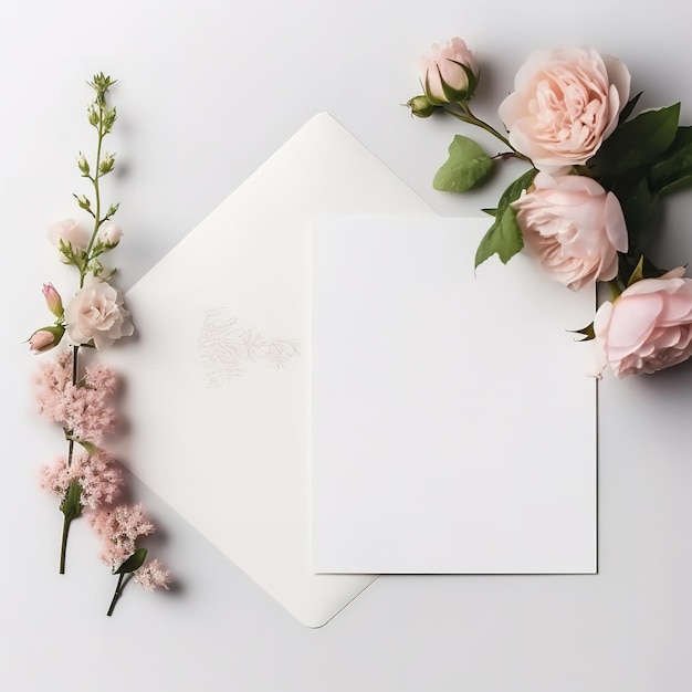 Une enveloppe blanche avec des fleurs roses et une carte avec une carte dessus.