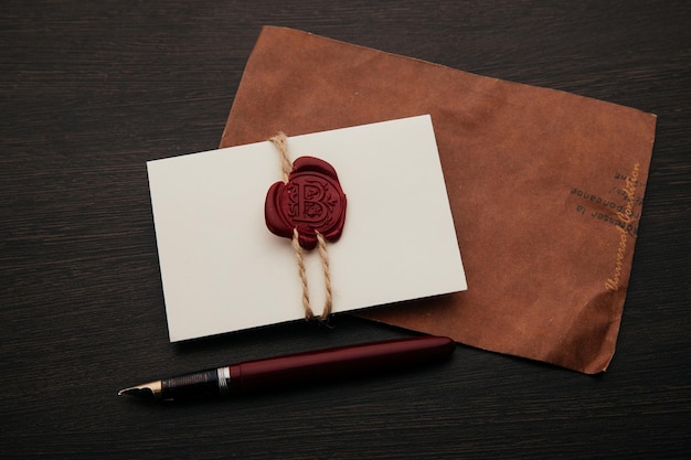 Enveloppe avec cachet de cire et stylo