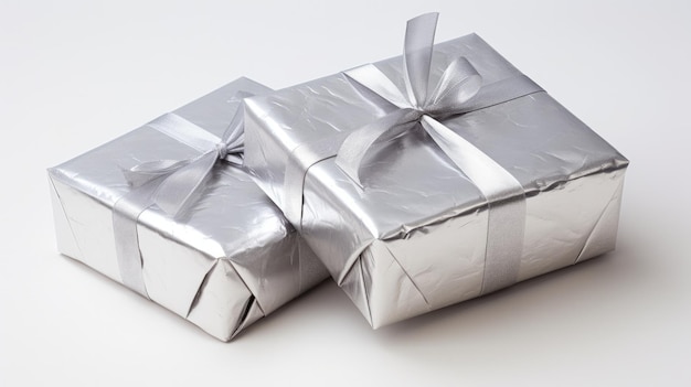 Photo enveloppe cadeau en argent enveloppe une surprise dans un style étincelant avec une boîte en carton gris et papier d'aluminium