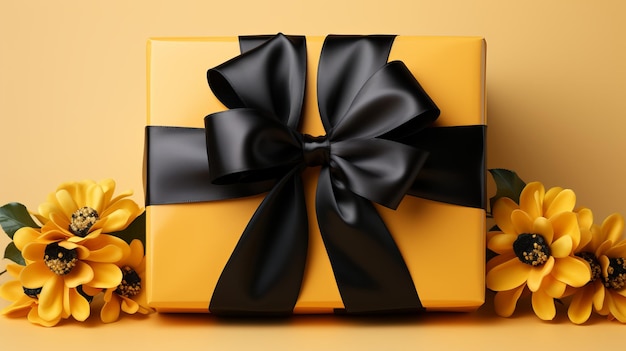 Enveloppe cadeau Boîte noire et jaune avec un nœud sur un fond plat Concept Atmosphère festive présentée