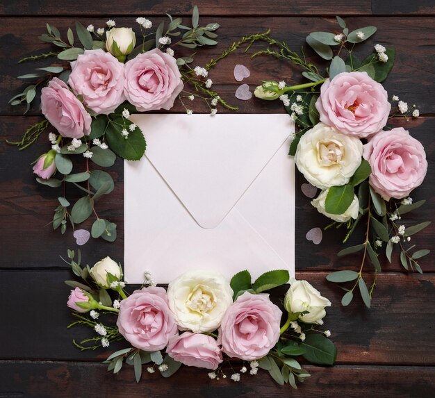 Enveloppe carrée entre roses roses et crème sur maquette de mariage vue de dessus en bois marron