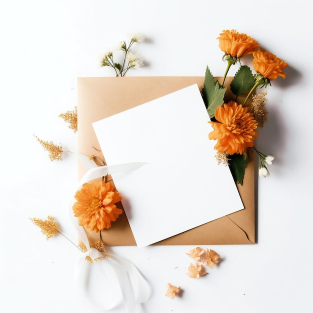 Une enveloppe avec une carte blanche et des fleurs dessus