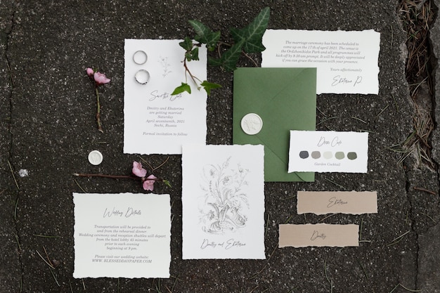 Enveloppe de carte postale et carte sur l'impression de mariage sur le fond avec de l'herbe et de la mousse