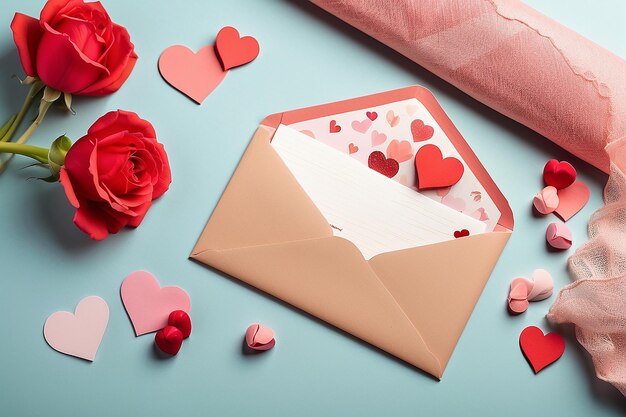 Photo enveloppe avec carte de la saint-valentin sur fond de papier