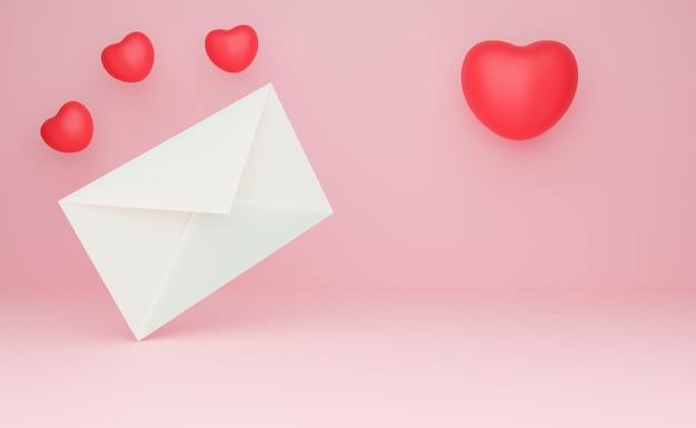 Enveloppe de courrier blanche sur le sol sur fond rose avec lettre d'amour coeurs pour la Saint Valentin