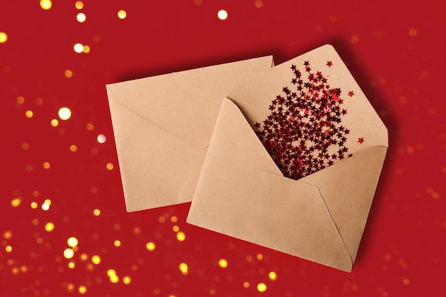 Enveloppe du papier kraft sur fond rouge avec des étoiles brillantes scintillantes. Bokeh festif sur le fond.