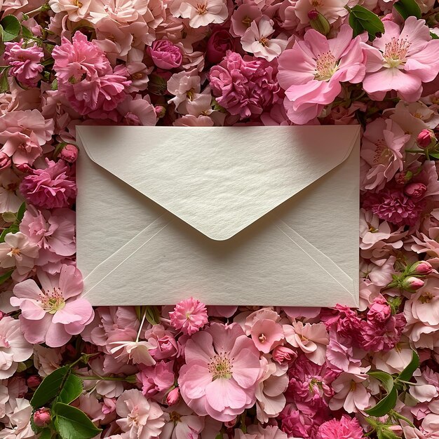 une enveloppe avec des fleurs roses entourées de fleurs