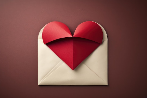 Enveloppe en forme de cœur sur un fond brun Enveloppe de lettre d'amour avec des coeurs d'artisanat en papier
