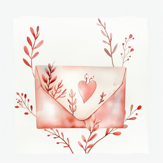 Photo enveloppe de lettre avec un cœur dessus couleurs rouges pour une fille esthétique voyageant aquarelle