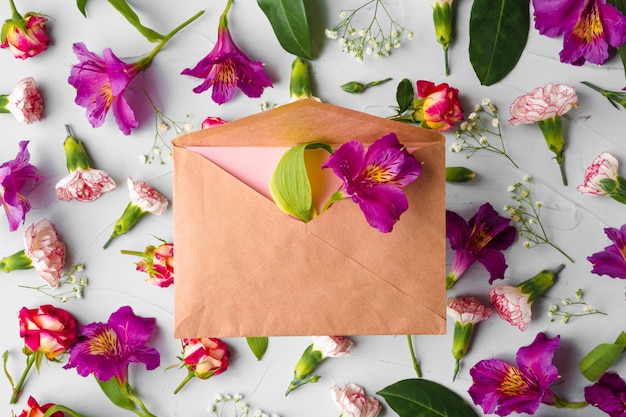 Enveloppe en papier artisanal avec bouquet de fleurs