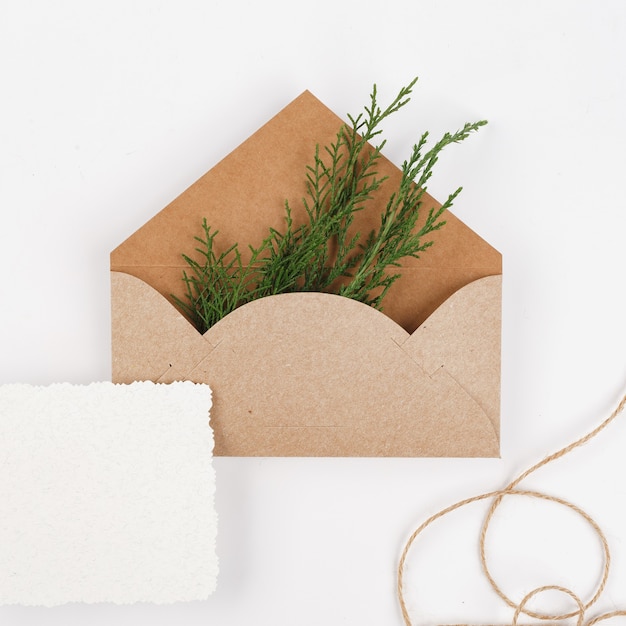 Enveloppe en papier craft avec des branches de sapin et du papier blanc