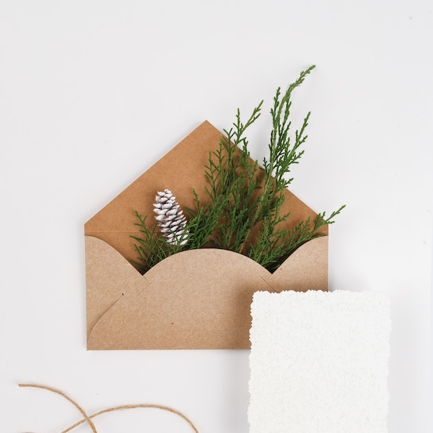 Enveloppe en papier craft avec des branches de sapin et du papier blanc