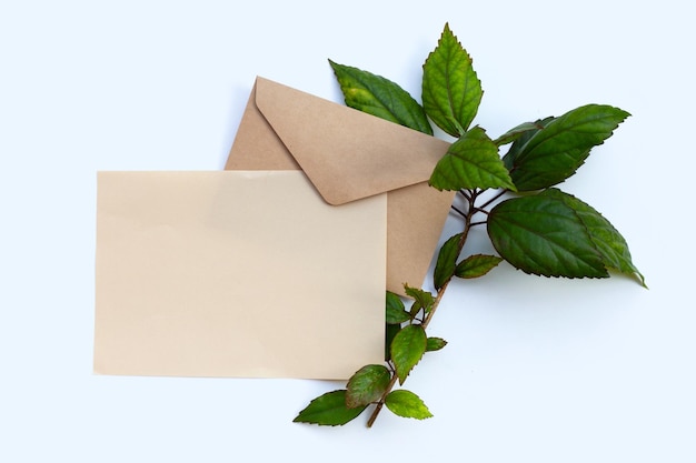 Enveloppe et papier vierge avec des feuilles sur fond blanc