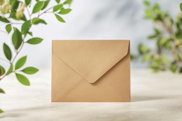 Enveloppe postale moderne avec peu de plantes ou de feuilles sur un fond propre et lumineux
