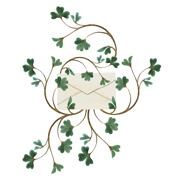 Enveloppe postale en papier blanc avec trèfle vert à quatre feuilles pour l'invitation de la Saint-Patrick