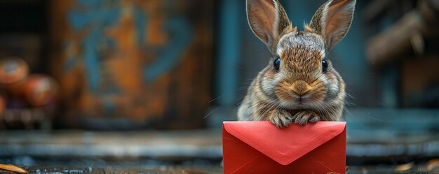 Une enveloppe rouge avec une figurine de lapin miniature en arrière-plan