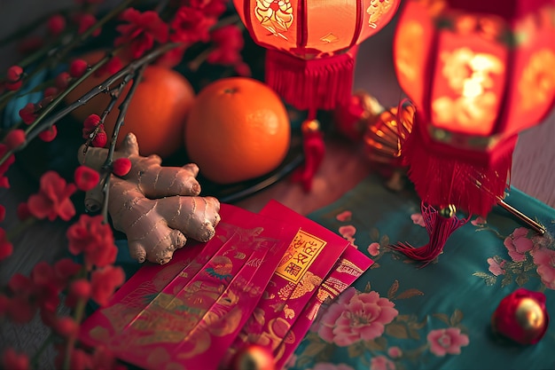 Enveloppe rouge pour le Nouvel An chinois avec du papier de gingembre orange