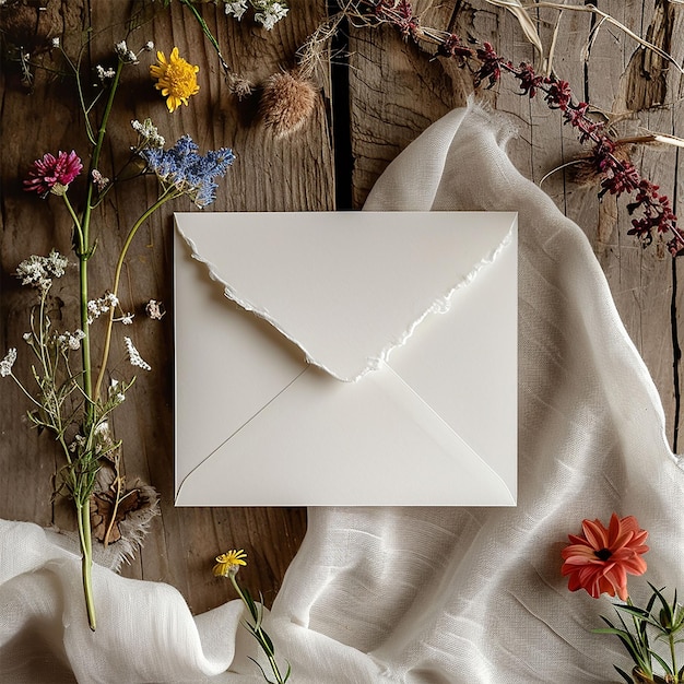 Enveloppe scellée boho sur une table en tissu avec des fleurs sauvages vue supérieure scène bohémienne