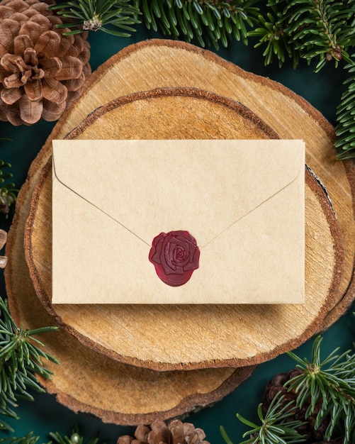 Enveloppe scellée vierge de noël sur un morceau de bois entre des branches de sapin et des pommes de pin sur la vue de dessus verte