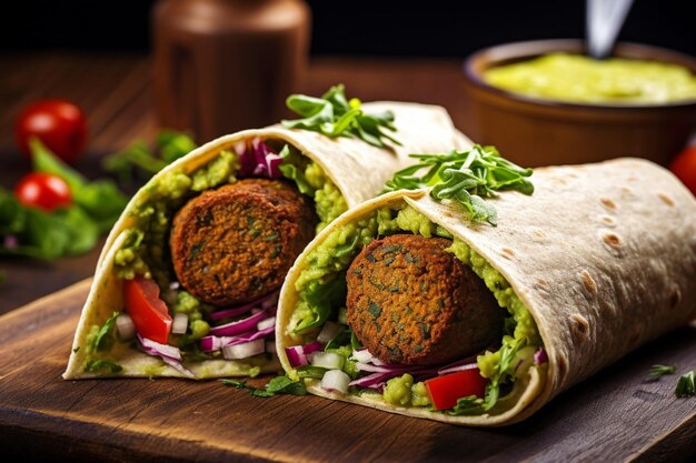 Photo enveloppement de tortilla avec falafel et légumes isolés sur fond blanc