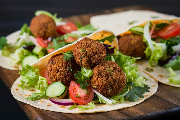 Enveloppement de tortilla avec falafel et salade fraîche Tacos végétaliens Nourriture saine végétarienne