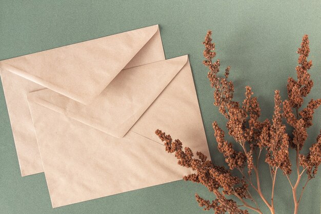 Photo enveloppes artisanales et plantes de fleurs sèches sur vert