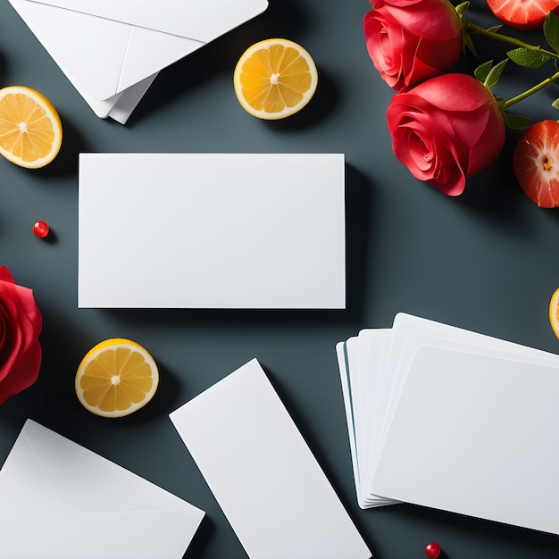 enveloppes de cartes de visite vierges, fleurs et fruits roses, maquette pour l'identité de marque
