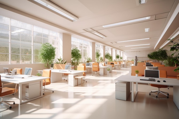 Environnement de bureau lumineux et propre abstrait bureau lumineux avec des plantes vertes et de grandes fenêtres