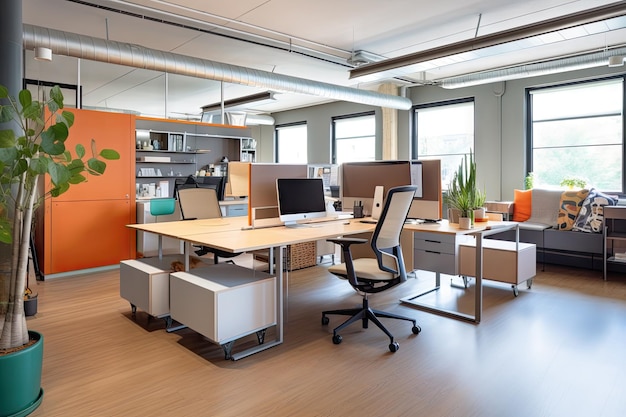 Environnement de bureau avec un mélange de mobilier ergonomique et traditionnel créé avec l'IA générative