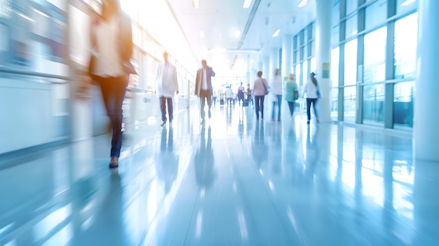 Environnement de bureau occupé capturé dans un mouvement flou dynamique Professionnels en mouvement Idéal pour les thèmes d'entreprise et d'affaires Tourné en lumière naturelle pour une sensation authentique AI