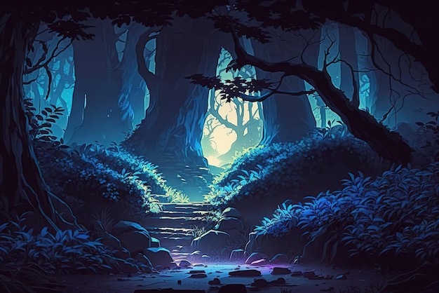 Environnement fantastique d'une forêt magique dans un style d'art anime