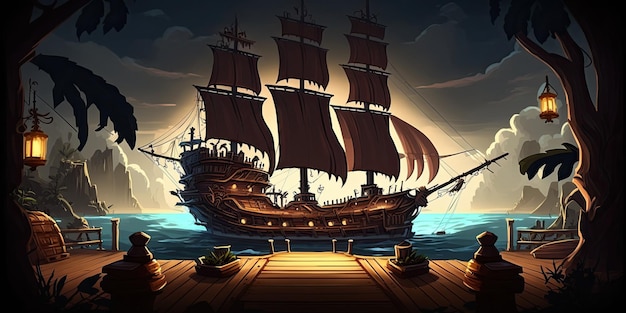 Environnement de fond de pont de bateau pirate 2D pour un jeu mobile d'arène de combat Generative ai