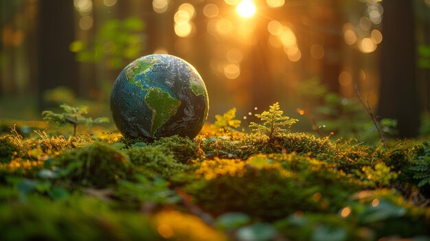 Photo environnement globe vert résumé la lumière du soleil et la mousse dans la forêt