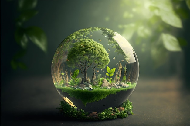 Environnement mondial et concept de jour de la terre avec globe en verre et environnement respectueux de l'environnement