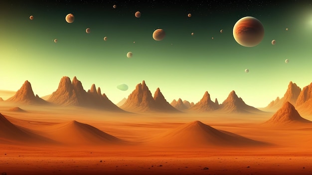 Un environnement réaliste de planète Mars de science-fiction avec un désert orange dégradé avec des montagnes et un soleil éclatant