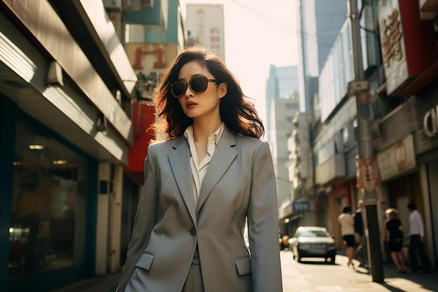 Environnement urbain où une femme en vêtements à la mode se promène entre les bâtiments de la grande ville