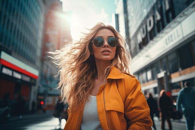 Environnement urbain où une femme en vêtements à la mode se promène entre les bâtiments de la grande ville