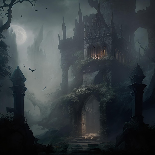 Les environs d'un sombre château gothique dans le brouillard