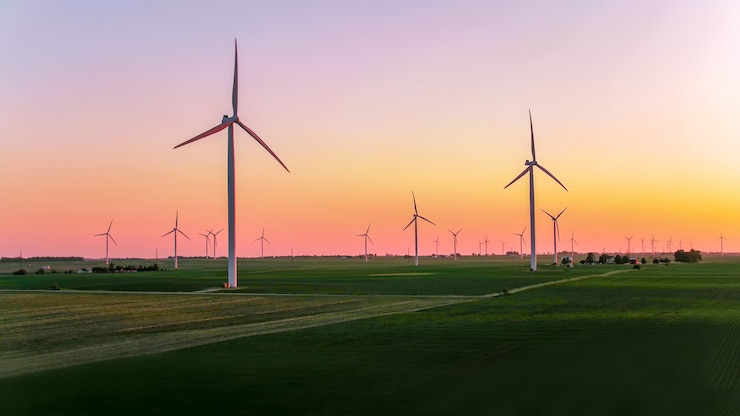 Photo éolienne contre crépuscule