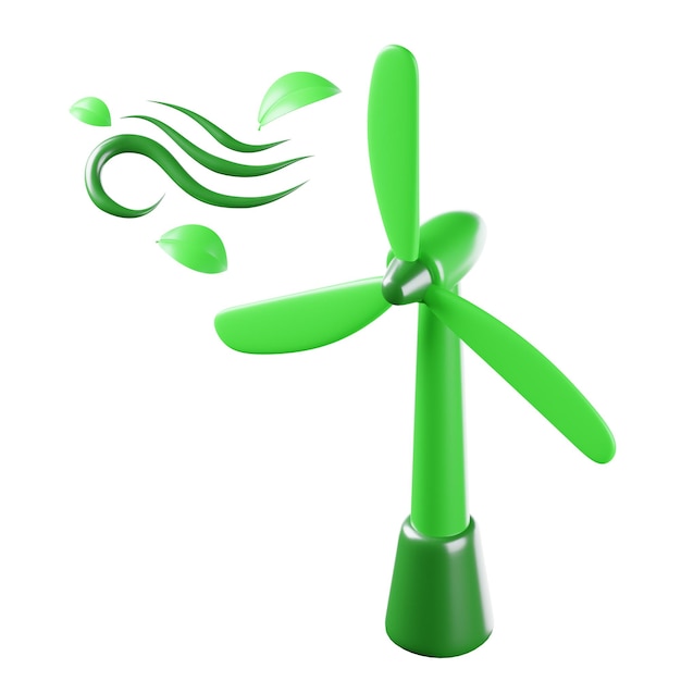 Une éolienne verte avec des feuilles soufflant dans le vent.