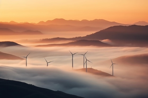 Éoliennes dans le brouillard avec le soleil couchant derrière elles