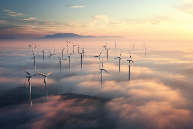 Éoliennes dans le brouillard