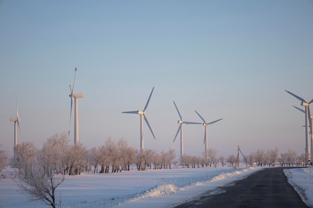 Les éoliennes le long de la route sont de l'énergie éolienne.