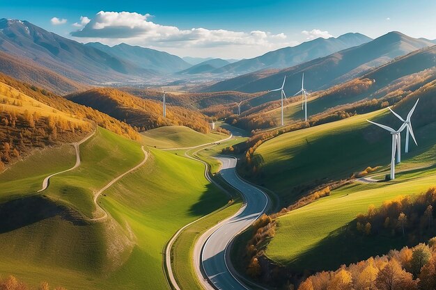 Des éoliennes sur un magnifique paysage montagneux ensoleillé d'été et d'automne