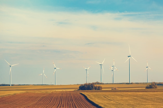 Éoliennes Sur Le Terrain Avec Un Ciel Bleu Avec Des Nuages. Tonique