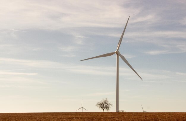 Les éoliennes sur le terrain contre le ciel