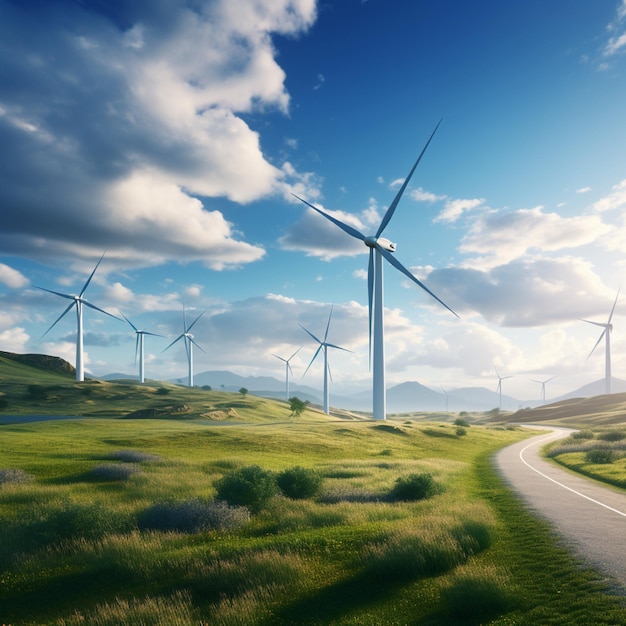 Des éoliennes tournent dans un champ rural idyllique ensoleillé.