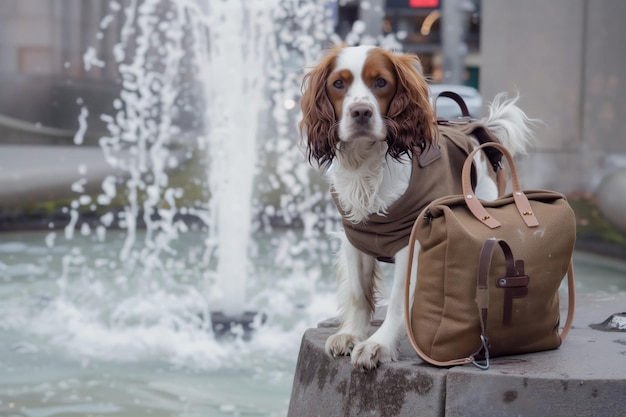 Un épagneul portant un sac d'artisanat brun près d'une fontaine urbaine