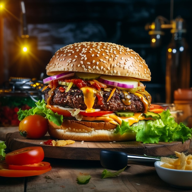 Une épaisse sauce barbecue brune et luisante s'écoule lentement d'un hamburger de bœuf juteux soulignant la texture