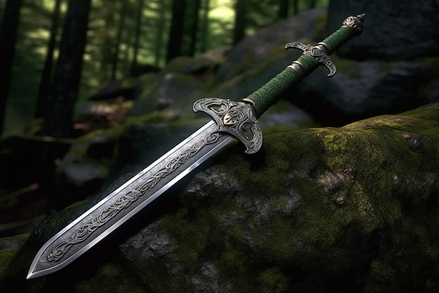 L'épée arafée sur un rocher dans les bois avec de la mousse générative ai